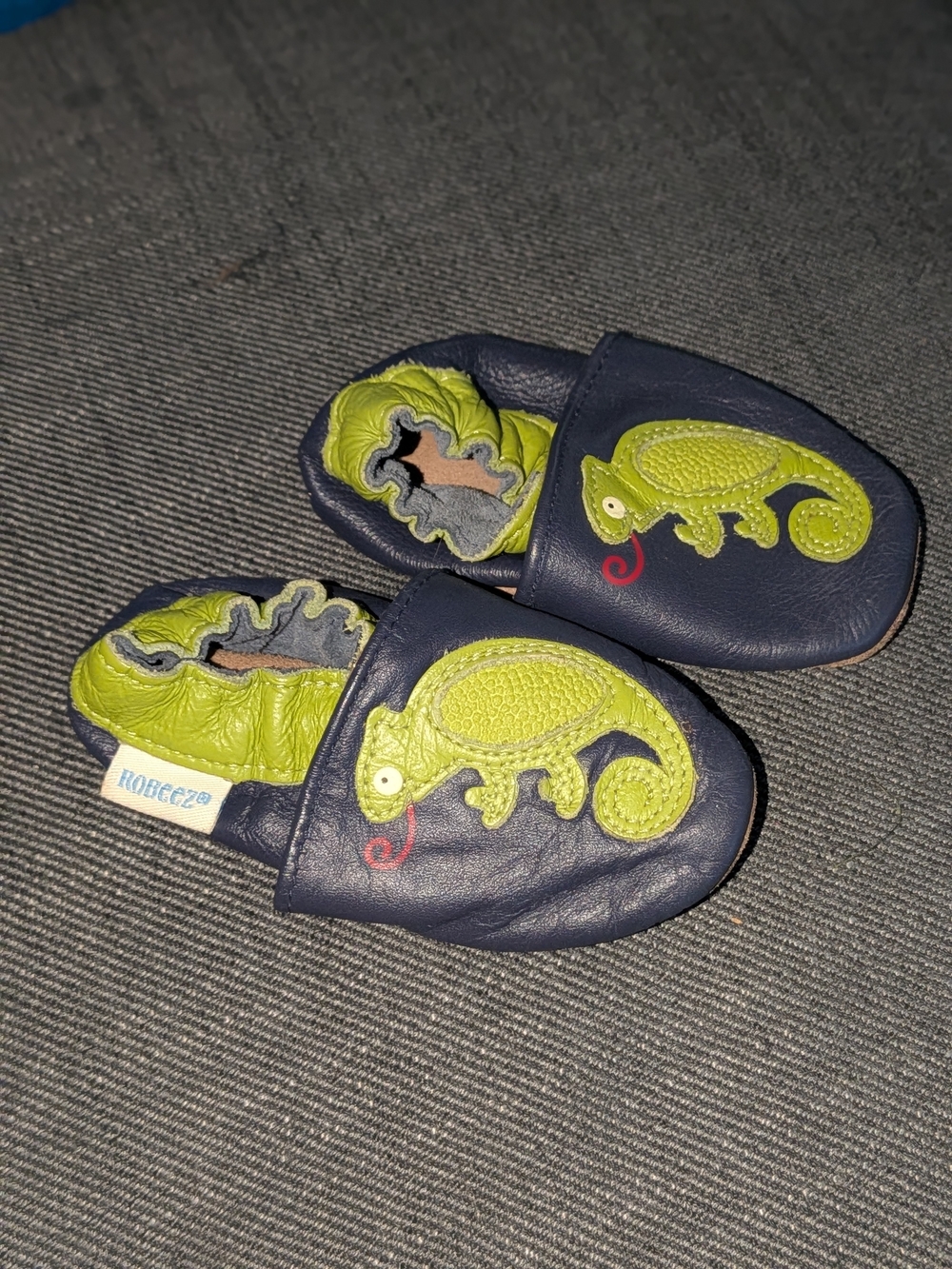 Robeez Navy Leather Baby Moccasins with Lime Chameleon Applique